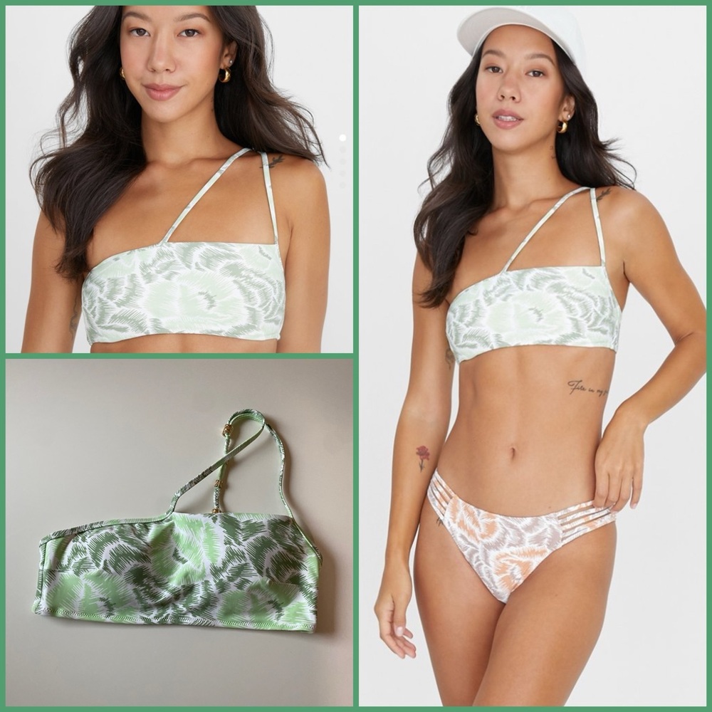 AERIE Asymmetrical Bandeau Strappy Print in Green NWOT